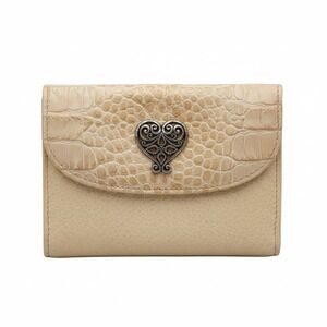 Brighton Vtg Leather Trifold Wallet Croc Embossed Filigree Heart Beige Pocket